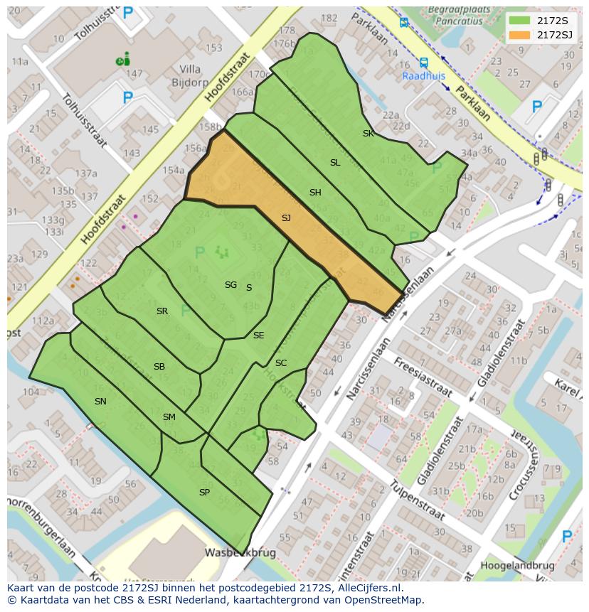 Afbeelding van het postcodegebied 2172 SJ op de kaart.