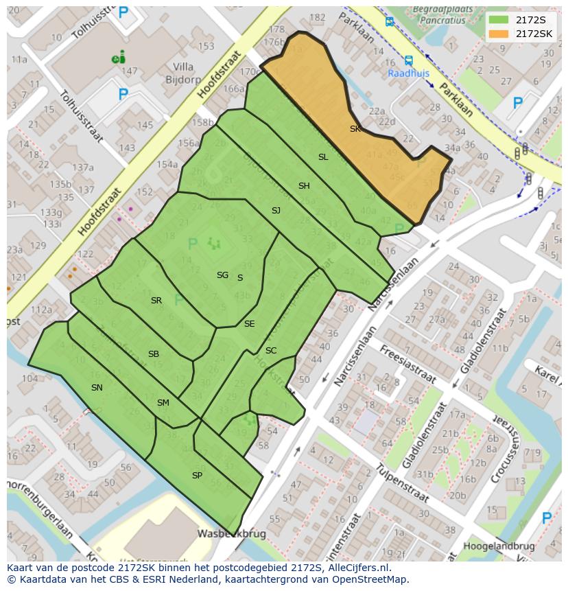 Afbeelding van het postcodegebied 2172 SK op de kaart.