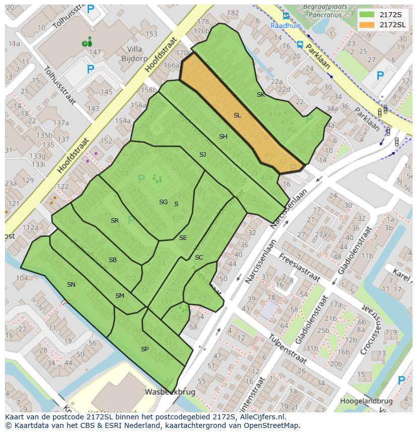 Afbeelding van het postcodegebied 2172 SL op de kaart.