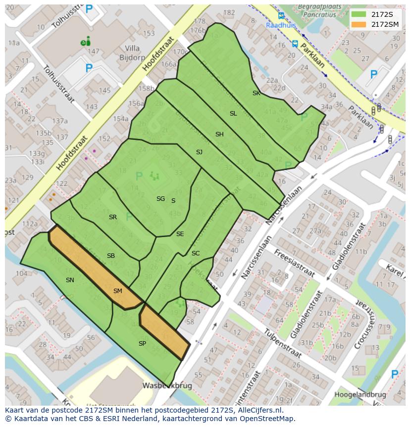 Afbeelding van het postcodegebied 2172 SM op de kaart.