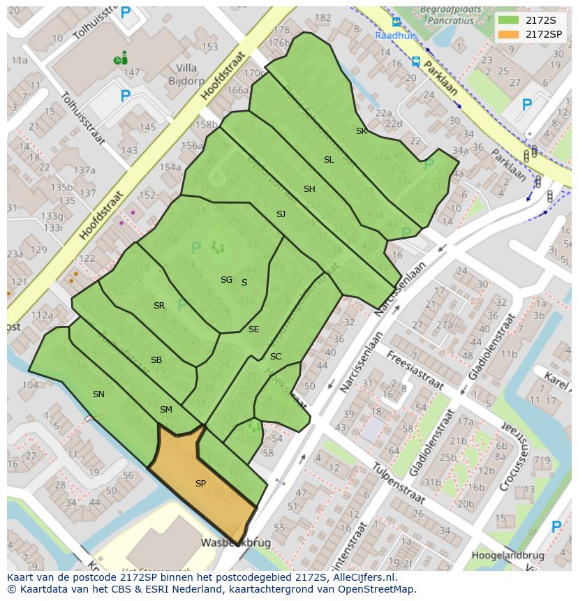 Afbeelding van het postcodegebied 2172 SP op de kaart.