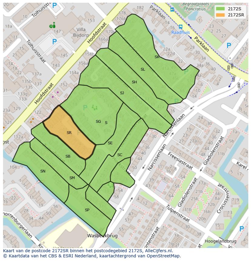 Afbeelding van het postcodegebied 2172 SR op de kaart.
