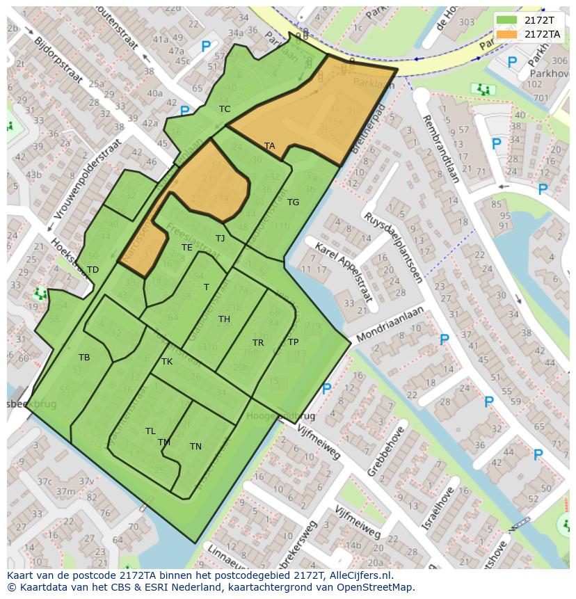 Afbeelding van het postcodegebied 2172 TA op de kaart.