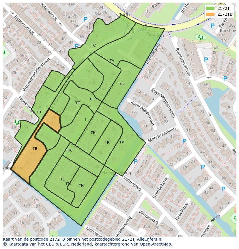 Afbeelding van het postcodegebied 2172 TB op de kaart.