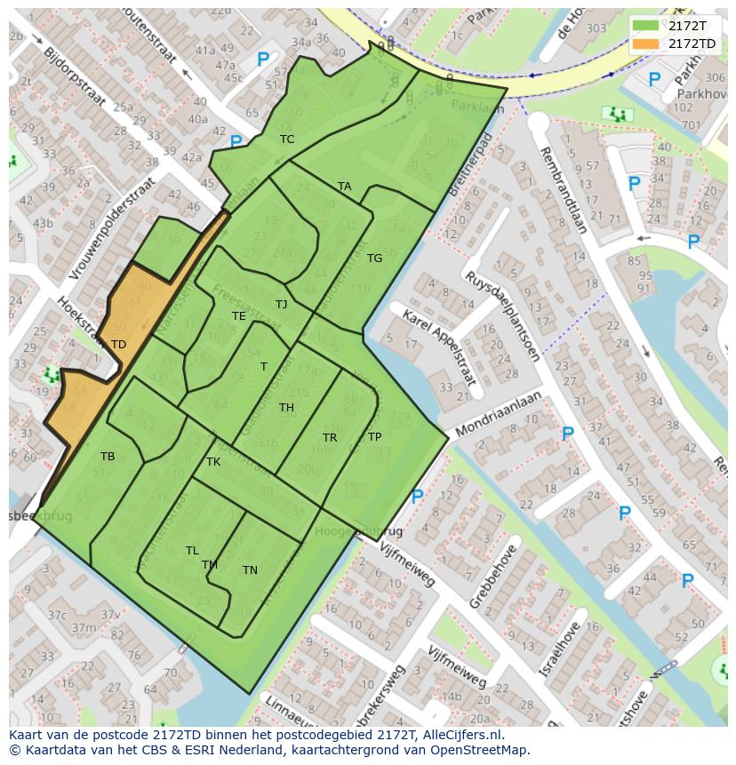 Afbeelding van het postcodegebied 2172 TD op de kaart.