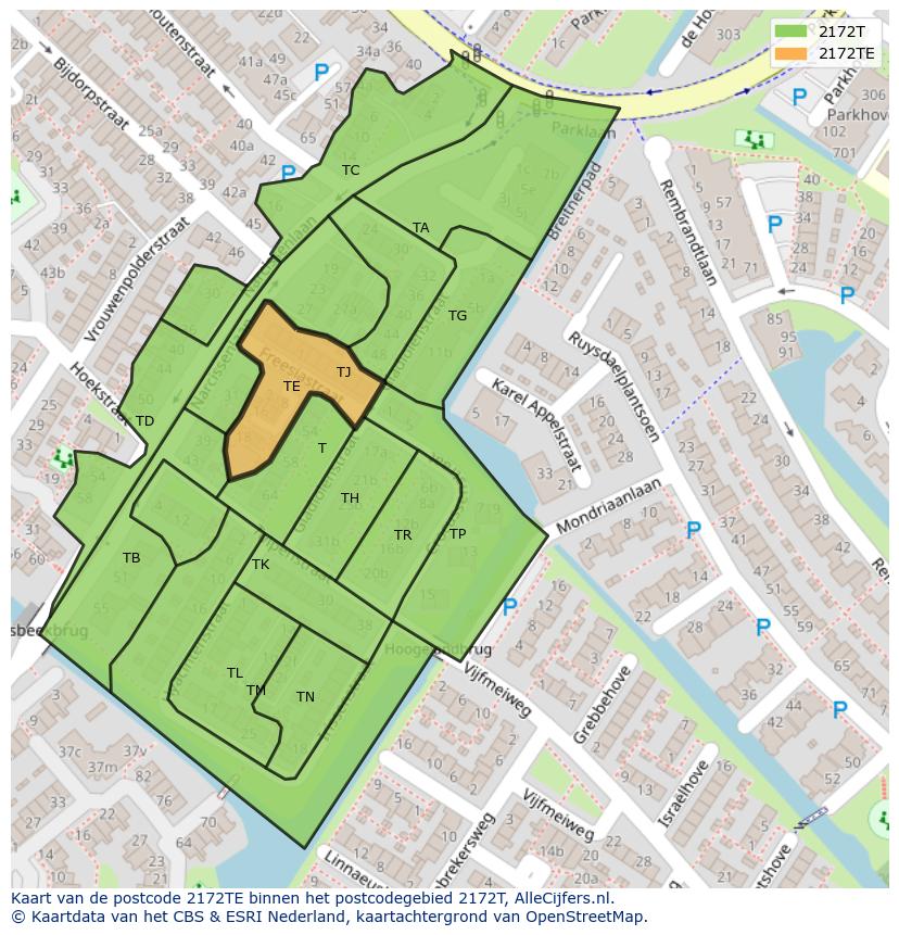 Afbeelding van het postcodegebied 2172 TE op de kaart.
