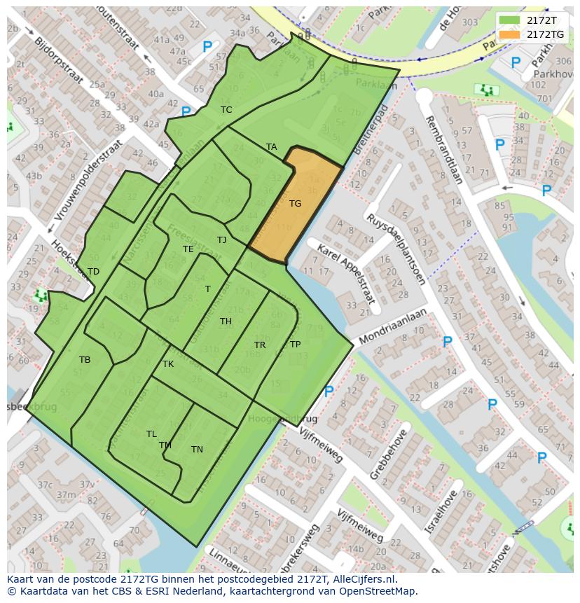 Afbeelding van het postcodegebied 2172 TG op de kaart.