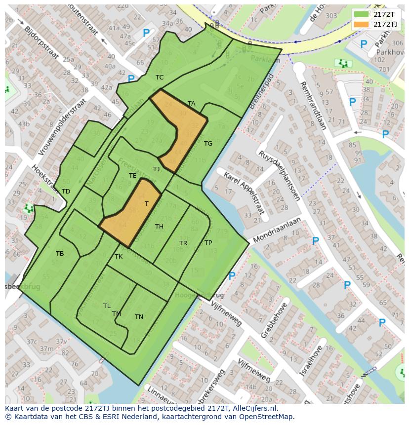 Afbeelding van het postcodegebied 2172 TJ op de kaart.