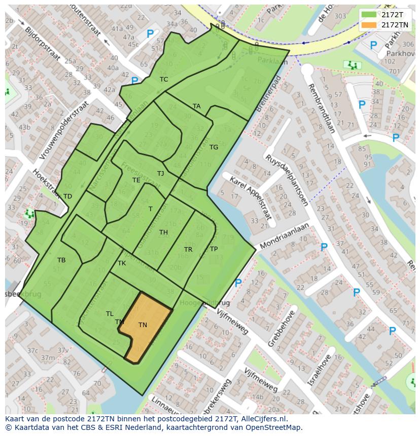 Afbeelding van het postcodegebied 2172 TN op de kaart.