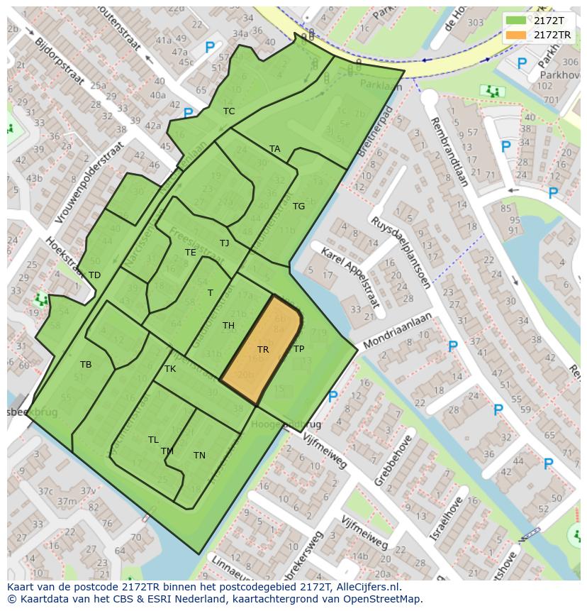 Afbeelding van het postcodegebied 2172 TR op de kaart.