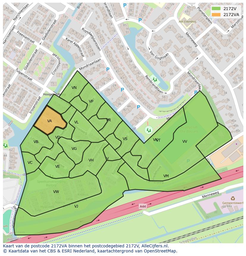 Afbeelding van het postcodegebied 2172 VA op de kaart.