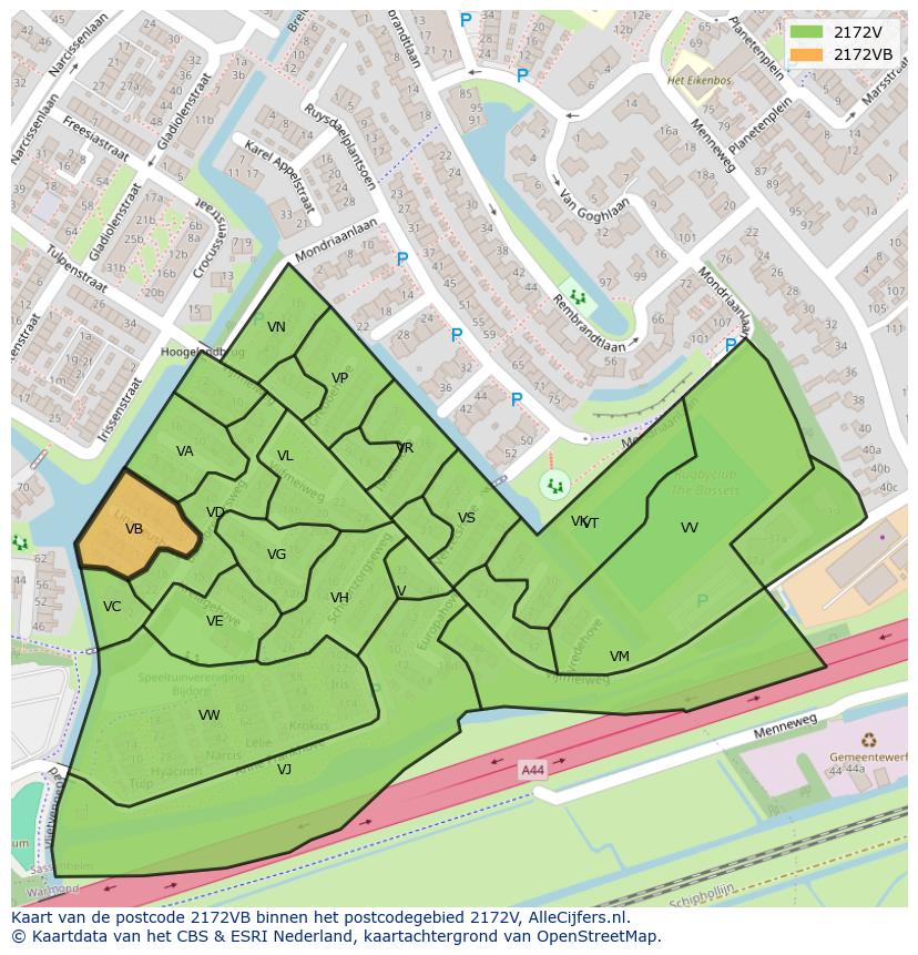 Afbeelding van het postcodegebied 2172 VB op de kaart.