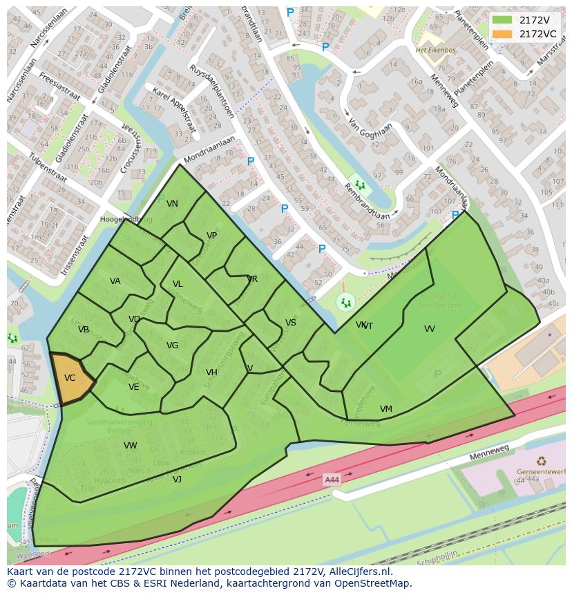 Afbeelding van het postcodegebied 2172 VC op de kaart.