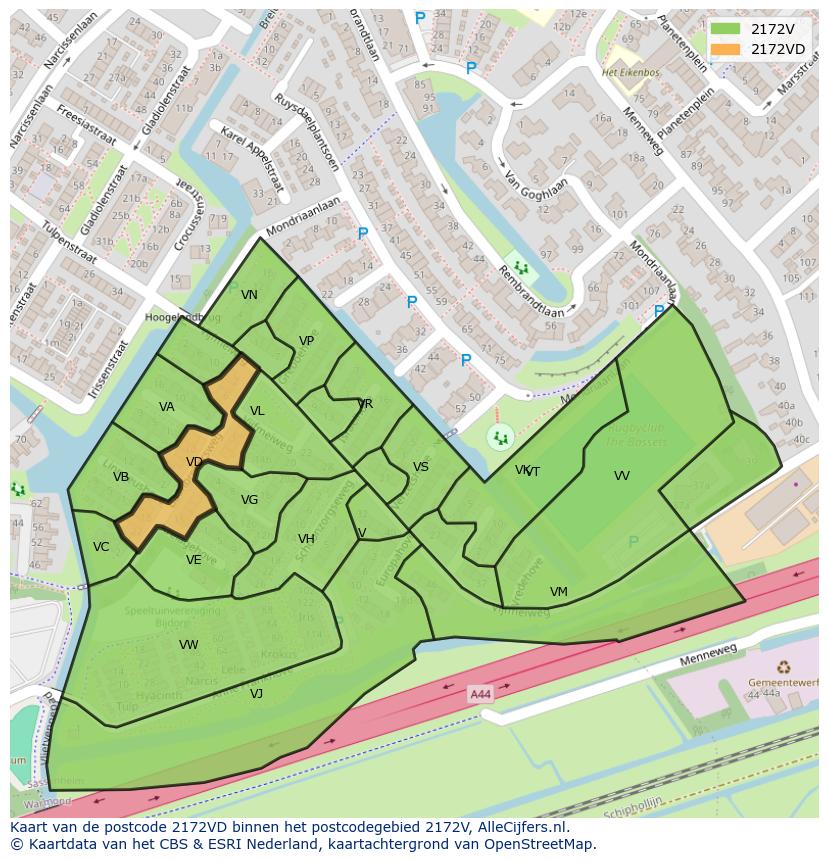Afbeelding van het postcodegebied 2172 VD op de kaart.