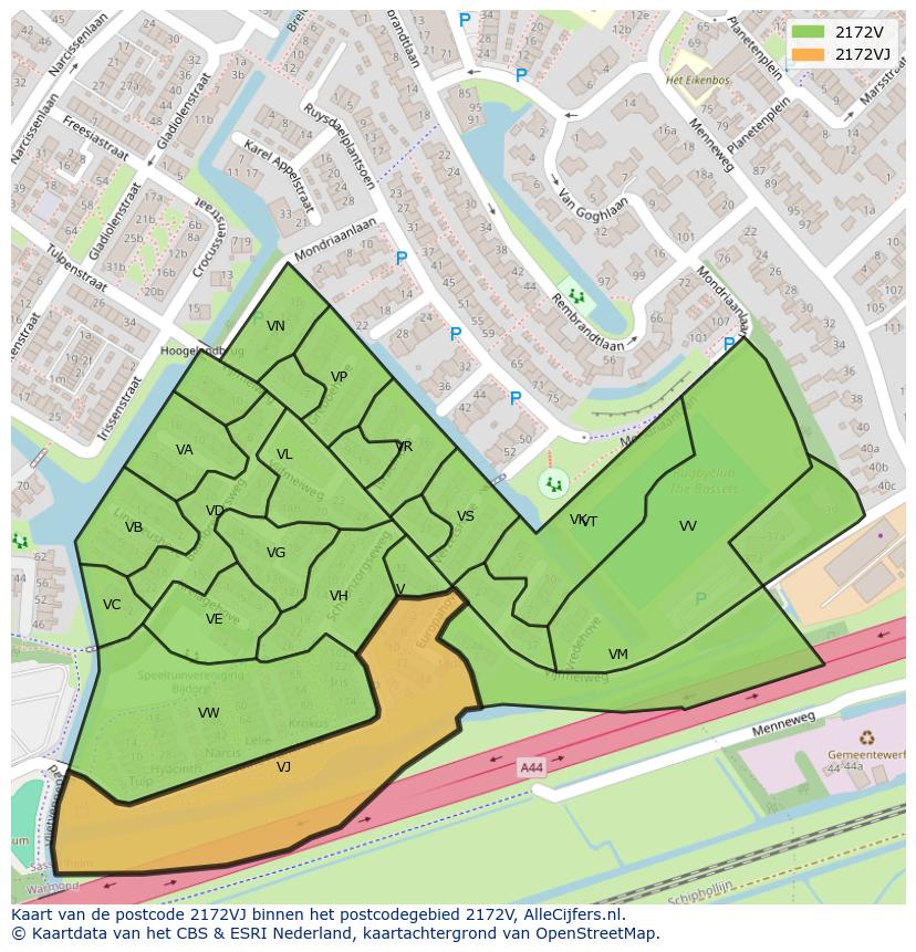 Afbeelding van het postcodegebied 2172 VJ op de kaart.