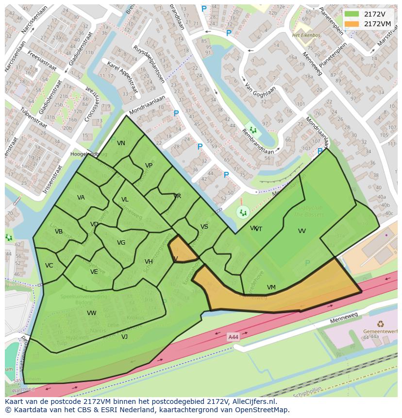 Afbeelding van het postcodegebied 2172 VM op de kaart.