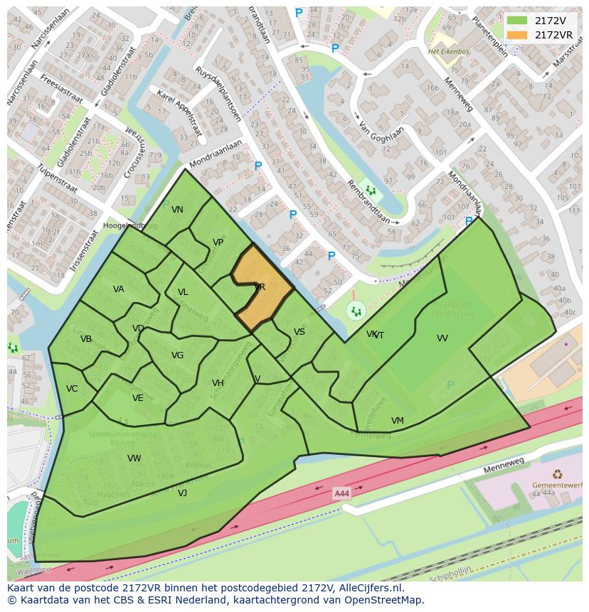 Afbeelding van het postcodegebied 2172 VR op de kaart.