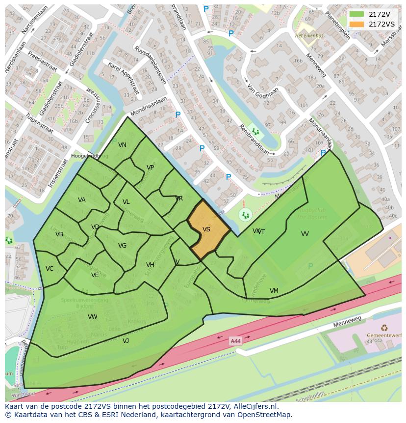 Afbeelding van het postcodegebied 2172 VS op de kaart.