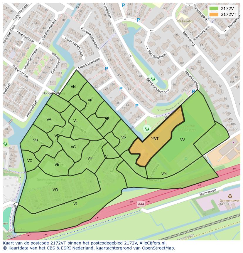 Afbeelding van het postcodegebied 2172 VT op de kaart.