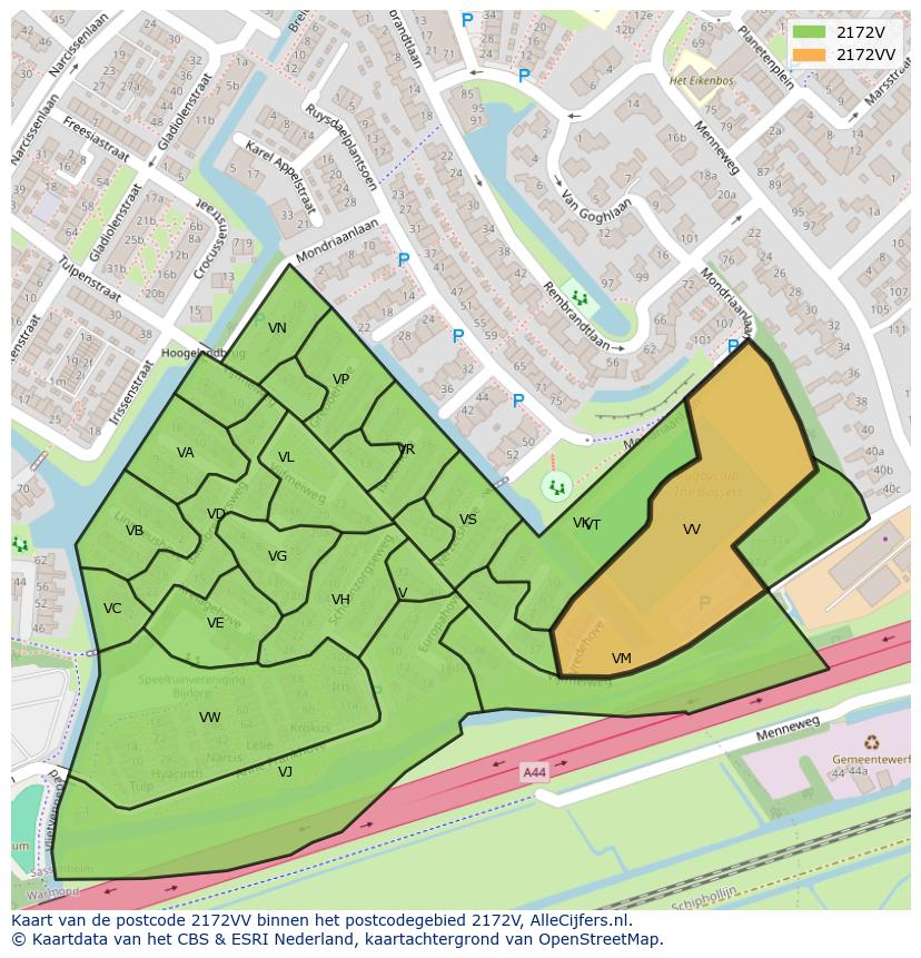 Afbeelding van het postcodegebied 2172 VV op de kaart.