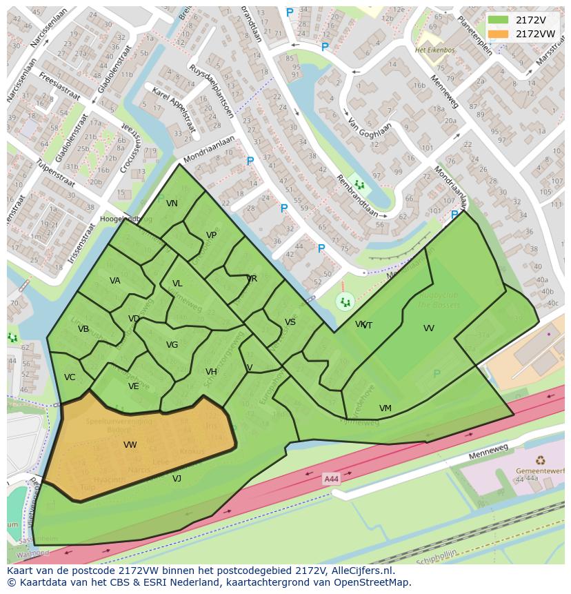 Afbeelding van het postcodegebied 2172 VW op de kaart.