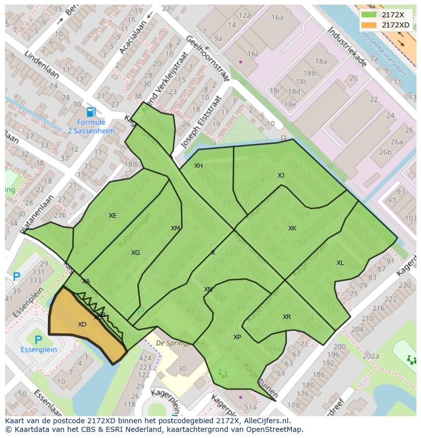 Afbeelding van het postcodegebied 2172 XD op de kaart.
