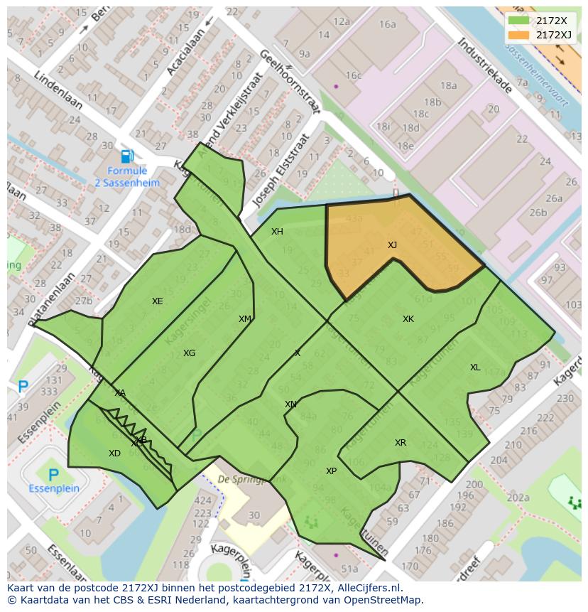 Afbeelding van het postcodegebied 2172 XJ op de kaart.