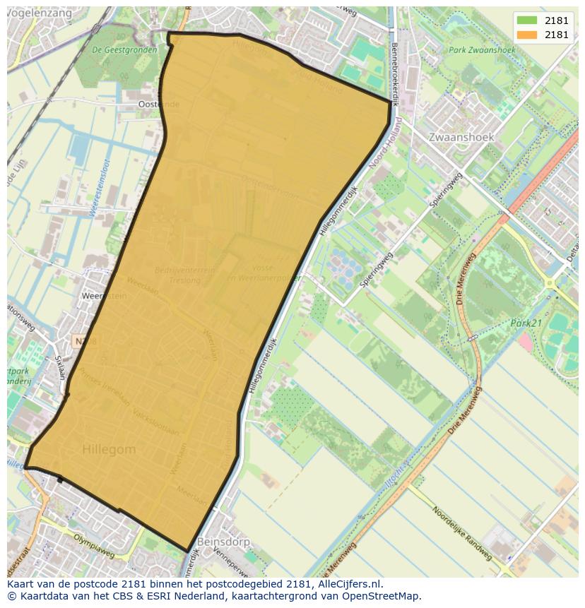 Afbeelding van het postcodegebied 2181 op de kaart.