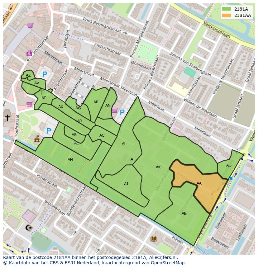 Afbeelding van het postcodegebied 2181 AA op de kaart.