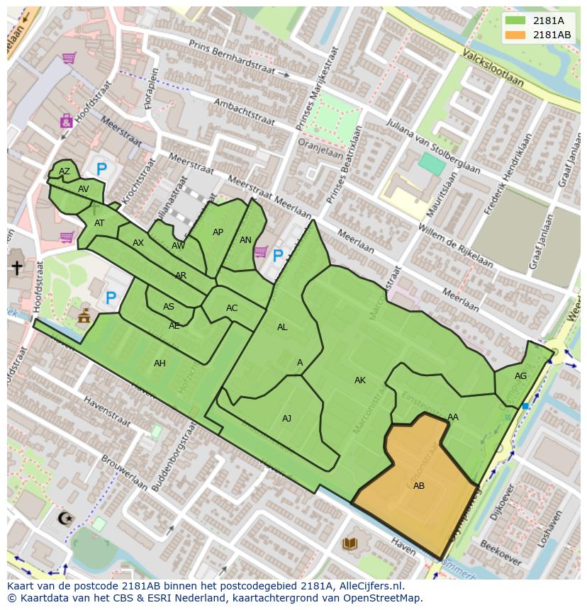 Afbeelding van het postcodegebied 2181 AB op de kaart.