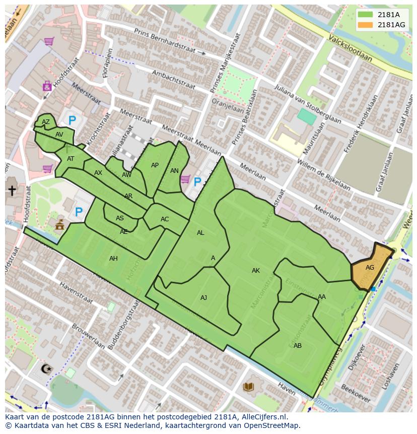 Afbeelding van het postcodegebied 2181 AG op de kaart.