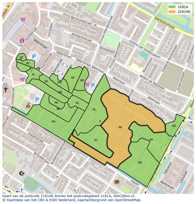 Afbeelding van het postcodegebied 2181 AK op de kaart.
