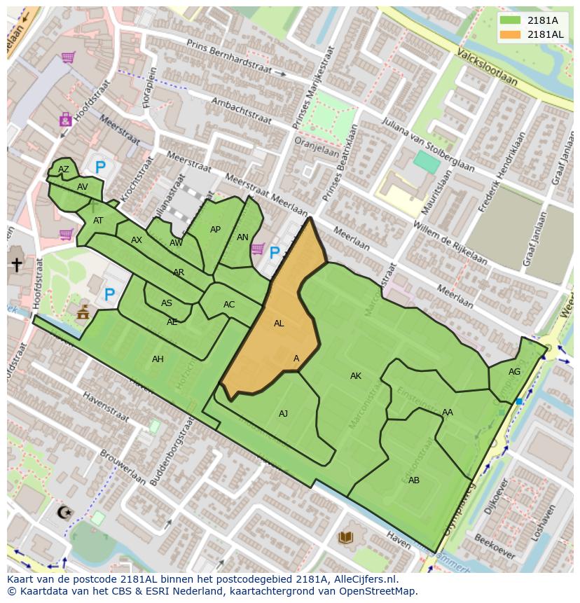 Afbeelding van het postcodegebied 2181 AL op de kaart.