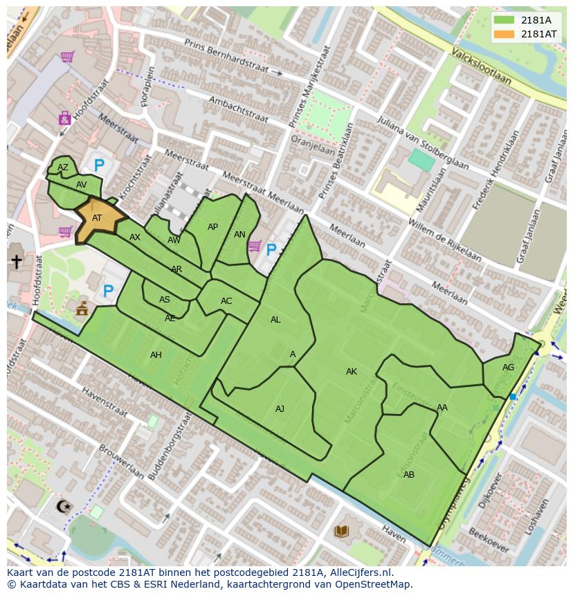 Afbeelding van het postcodegebied 2181 AT op de kaart.