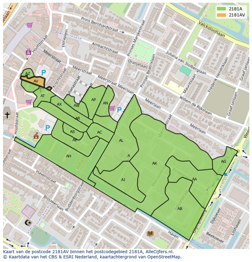 Afbeelding van het postcodegebied 2181 AV op de kaart.