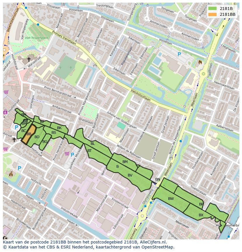 Afbeelding van het postcodegebied 2181 BB op de kaart.