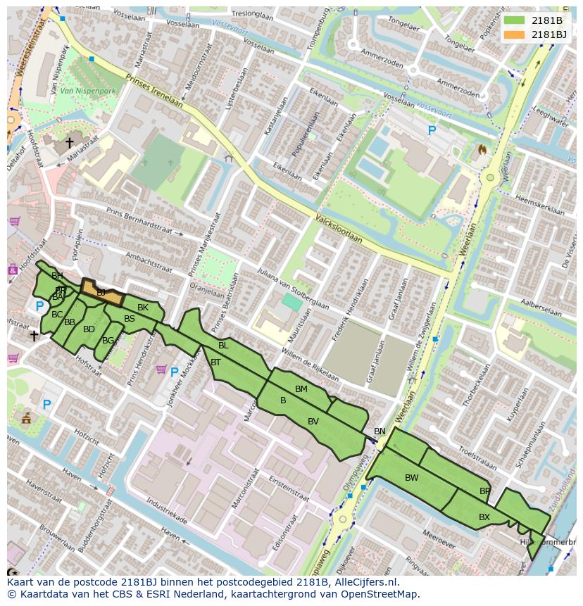 Afbeelding van het postcodegebied 2181 BJ op de kaart.