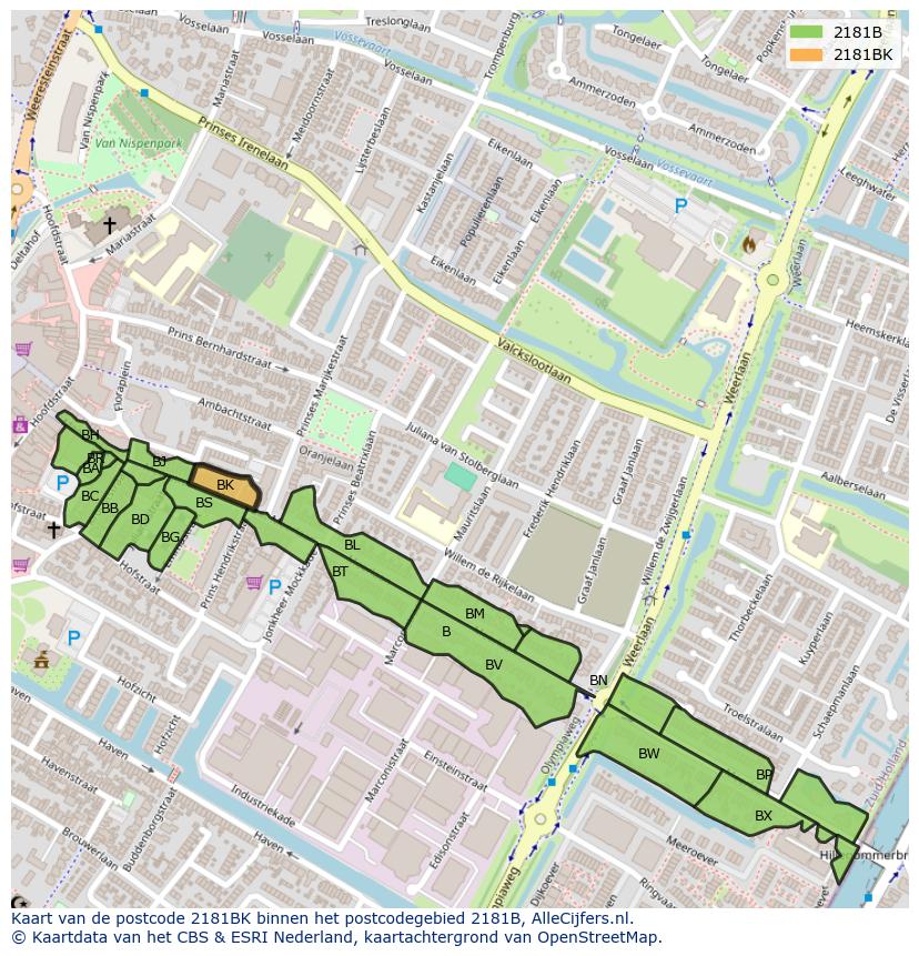 Afbeelding van het postcodegebied 2181 BK op de kaart.