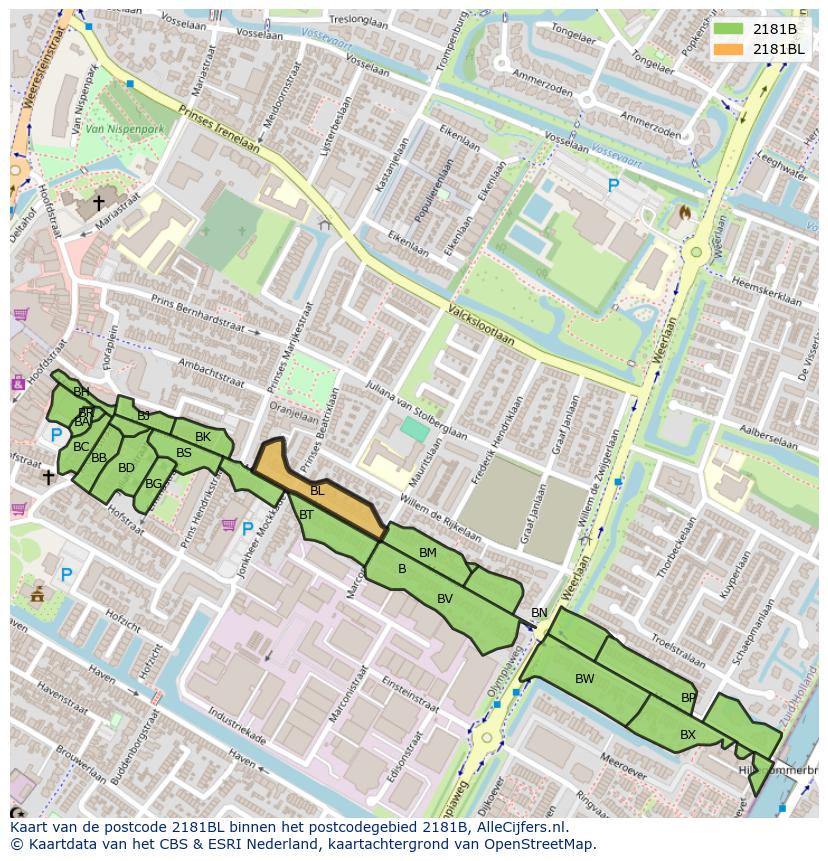 Afbeelding van het postcodegebied 2181 BL op de kaart.
