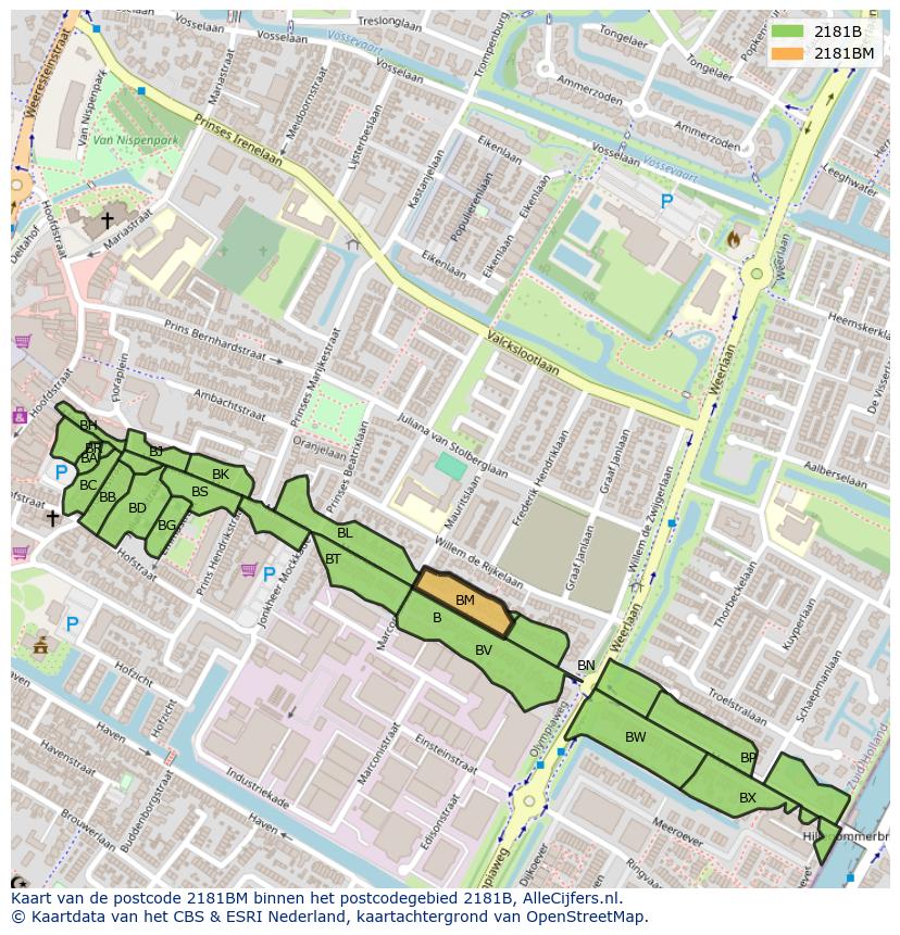 Afbeelding van het postcodegebied 2181 BM op de kaart.