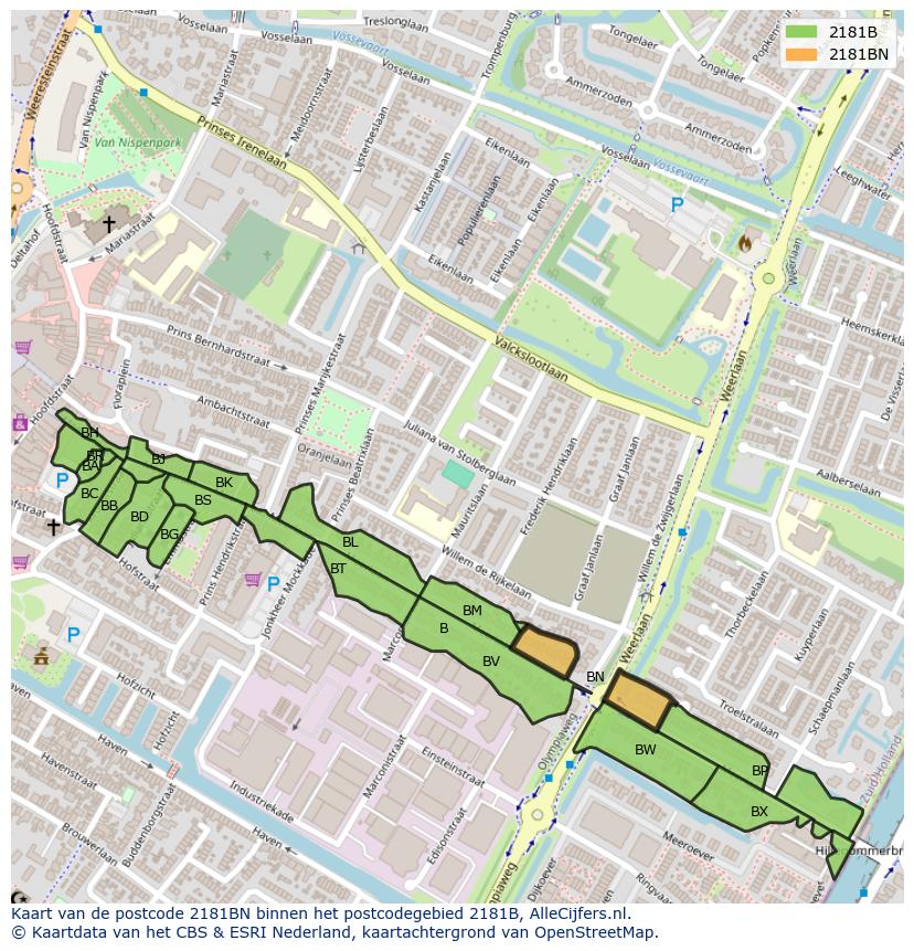 Afbeelding van het postcodegebied 2181 BN op de kaart.
