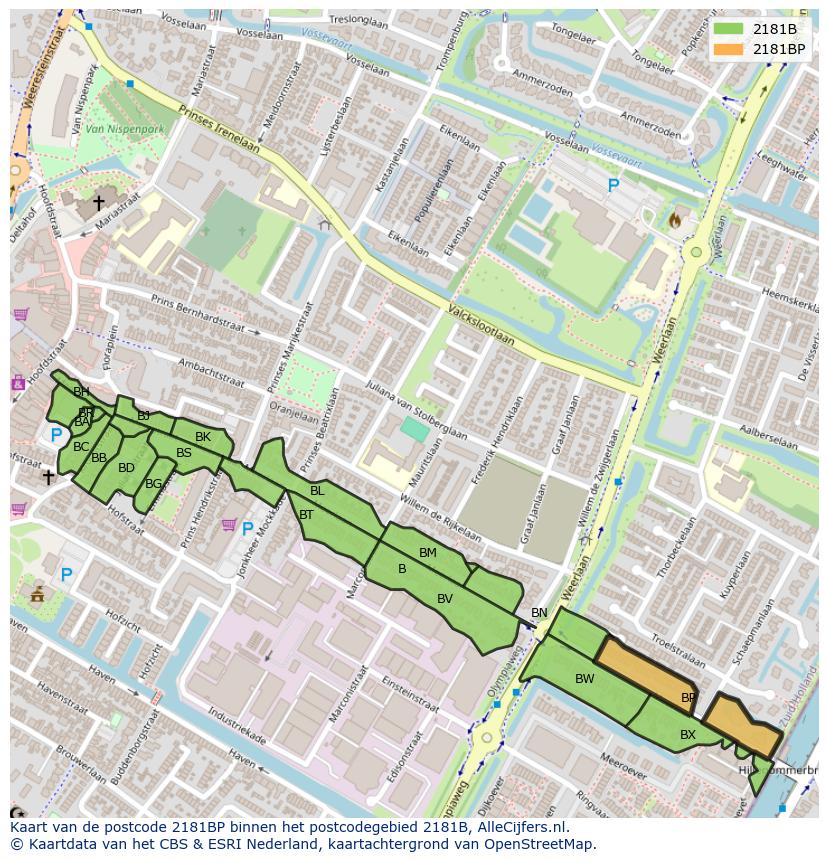 Afbeelding van het postcodegebied 2181 BP op de kaart.