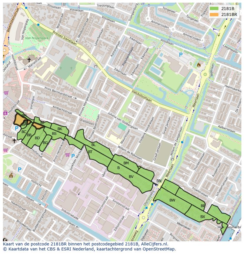 Afbeelding van het postcodegebied 2181 BR op de kaart.
