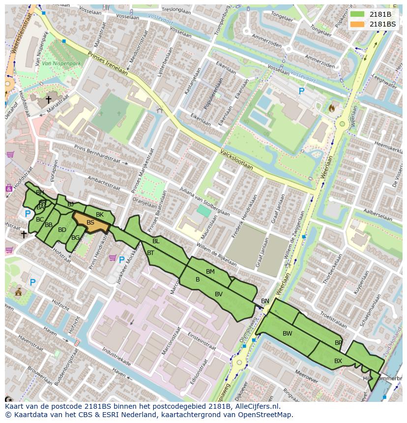 Afbeelding van het postcodegebied 2181 BS op de kaart.