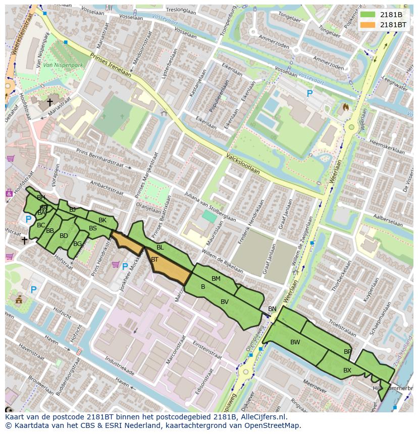 Afbeelding van het postcodegebied 2181 BT op de kaart.