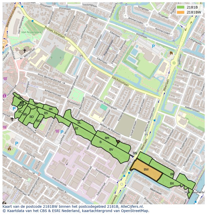 Afbeelding van het postcodegebied 2181 BW op de kaart.