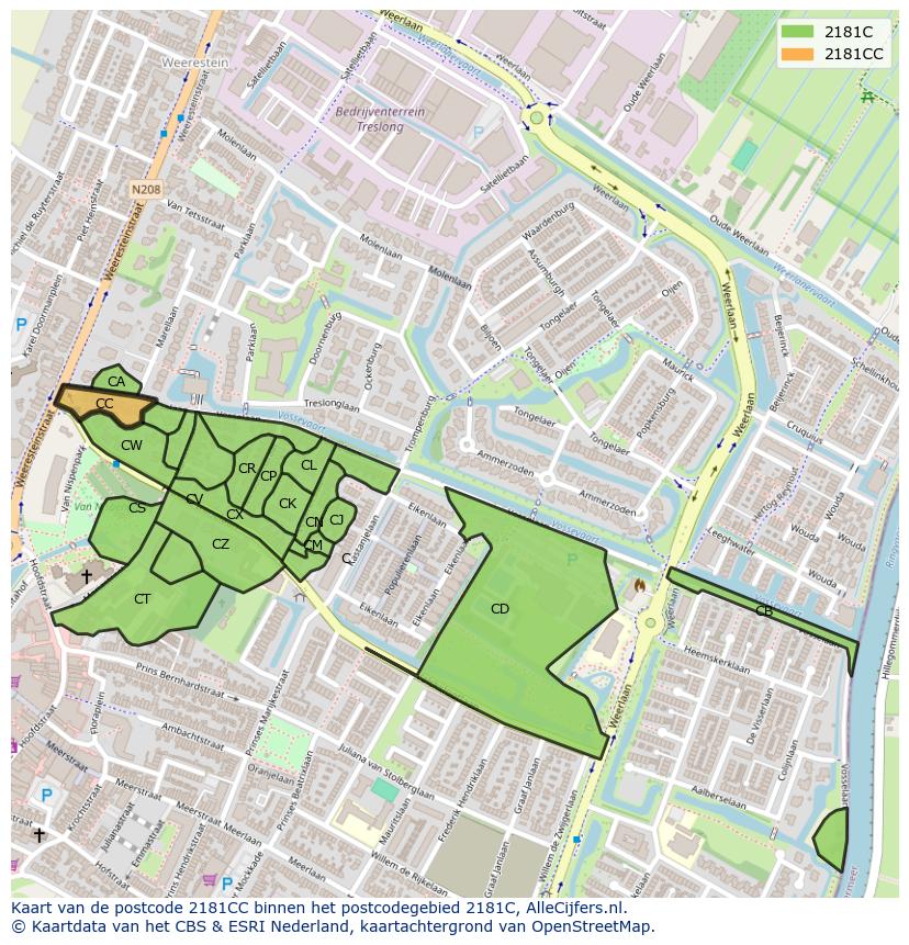 Afbeelding van het postcodegebied 2181 CC op de kaart.