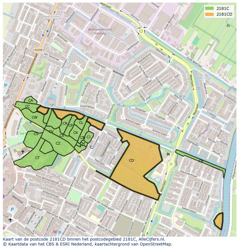 Afbeelding van het postcodegebied 2181 CD op de kaart.