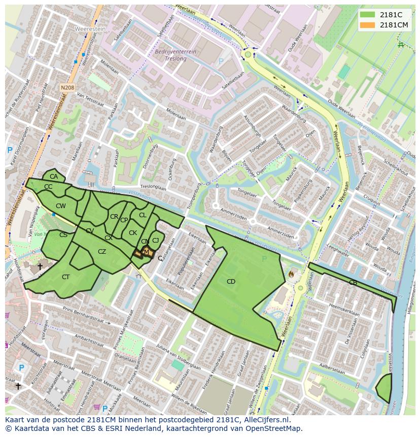 Afbeelding van het postcodegebied 2181 CM op de kaart.