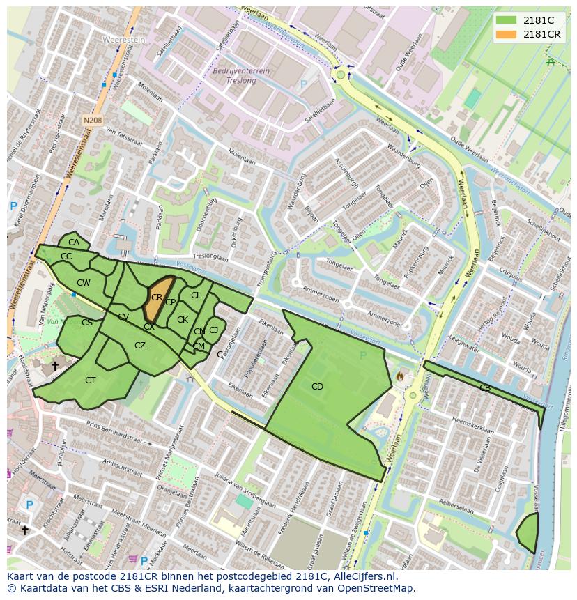 Afbeelding van het postcodegebied 2181 CR op de kaart.